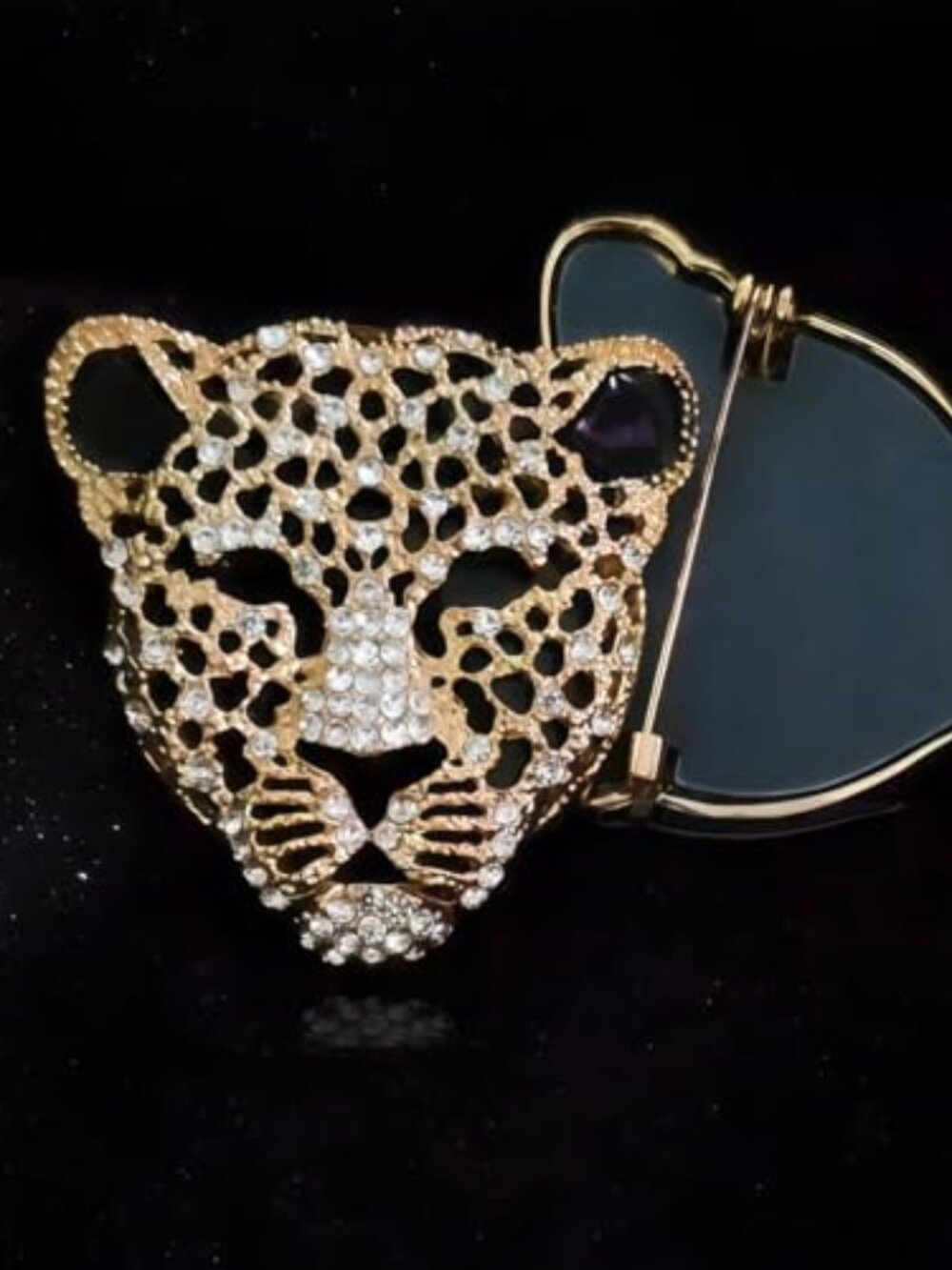 New - Vintage Black Enamel Spotted Animal Leopard Head Brooch Cheetah‎ Pin